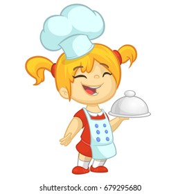 Cartoon small girl holding a tray with a dish and louche. Vector illustration of teenager girl preparing turkey and wearing apron and  chef's toque. Outline