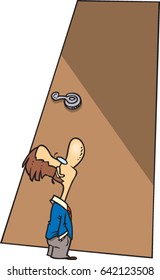 cartoon small man looking up to a large door