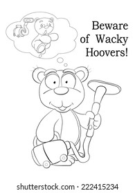 Cartoon small teddy bear and vacuum cleaner. Coloring book.