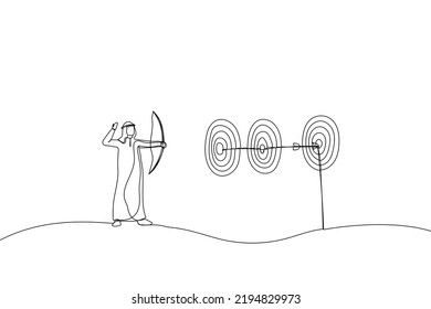 Cartoon of smart arab businessman archery hit multiple bullseye with single arrow. Metaphor for completed multiple tasks with single action. Single continuous line art style
