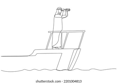 Cartoon of smart arab businessman boat captain control steering wheel helm with telescope vision. Business leadership and visionary to lead company success. Continuous line art style
