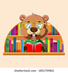 The cartoon of the smart beaver using the glasses for reading and sitting in the library