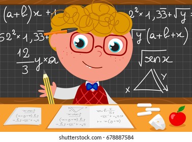 Cartoon Smart Boy With Black Board Full Of Maths Equations. Vector Illustration