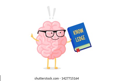 Cartoon smart brain character in glasses holding blue book with knowledge inscription and exclamation mark. Central nervous system organ education funny flat vector illustration