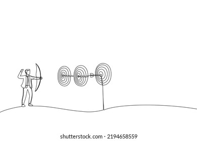 Cartoon Of Smart Businessman Archery Hit Multiple Bullseye With Single Arrow. Metaphor For Completed Multiple Tasks With Single Action. Single Continuous Line Art Style