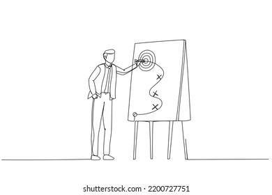 Cartoon of smart business man präsentiert Business Siegerstrategie auf Whiteboard. Metapher für Business Strategy Planung, Marketing Taktik, um das Ziel zu erreichen. Kunststil mit einer zusammenhängenden Linie
