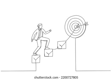 Cartoon Of Smart Businessman Walk Up Checklist As Staircase To Achieve Target. Metaphor For Personal Development Plan For Career Success. Single Continuous Line Art Style
