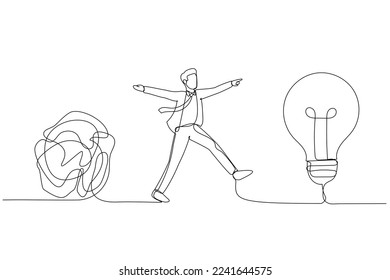 Cartoon of smart businessman walking away from mess chaos line to simple lightbulb idea. Simplify idea. One line style art
