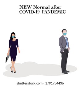 Cartoon smart businessman wear suits, standing keep social distancing to working woman, secretary walking behind keep social distancing,vector flat design idea  for new normal after covid-19 pandemic 