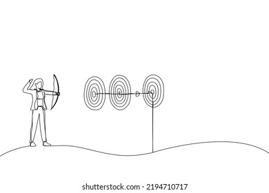 Cartoon Of Smart Businesswoman Archery Hit Multiple Bullseye With Single Arrow. Metaphor For Completed Multiple Tasks With Single Action. Single Continuous Line Art Style
