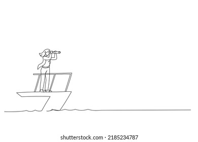 Cartoon of smart businesswoman boat captain control steering wheel helm with telescope vision. Business leadership and visionary to lead company success. Continuous line art style