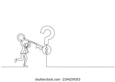 Cartoon of smart businesswoman holding big key to unlock keyhole on question mark sign. Metaphor for solution or reason to solve problem and wisdom. Continuous line art style
