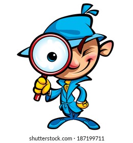 Cartoon smart detective in investigation with blue coat looking through big magnifying glass smiling and closing one eye