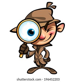 Cartoon smart detective in investigation with brown coat looking through big magnifying glass smiling and closing one eye