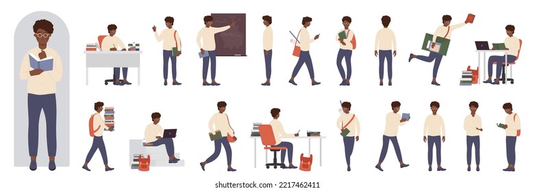 Cartoon smart funny nerd teenage with glasses reading paper books, serious joyful genius student standing at blackboard. African american black Boy pupil character learning set vector illustration
