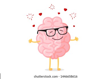 Cartoon Smart Happy Brain Character In Glasses Fall In Love. Central Nervous System Organ Romantic Mascot Funny Vector Illustration