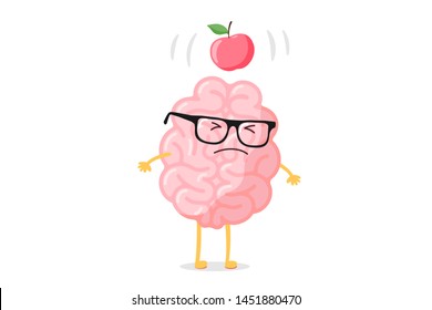 Cartoon smart human brain character with glasses and apple falling dawn to head scientific discovery idea concept. Funny flat vector illustration