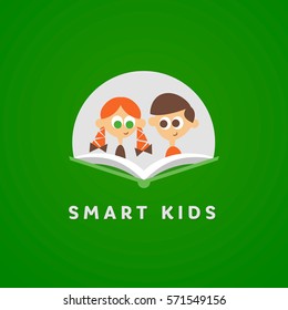 Cartoon smart little boy and girl with open book, Vector illustration, logo