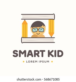 Cartoon smart little boy in glasses, Vector illustration, logo