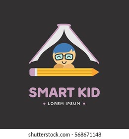 Cartoon smart little boy in glasses, Vector illustration, logo