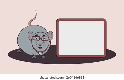 cartoon smart mouse with glasses stands at the board