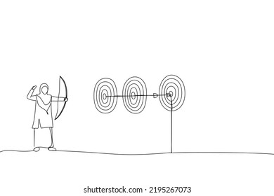 Cartoon Of Smart Muslim Businesswoman Archery Hit Multiple Bullseye With Single Arrow. Metaphor For Completed Multiple Tasks With Single Action. Single Continuous Line Art Style
