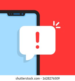 Cartoon Smart Phone With Alert Notice. Flat Simple Trend Modern Logotype Graphic Design Element. Concept Of Red Hazard Or Beware Now On Device Display And Phishing Attack Or Malware Inbox