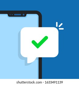 cartoon smart phone with tick in bubble. concept of successful telephone update or installing new applications. flat simple style trend modern instant popup message graphic art design element