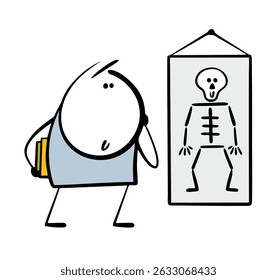 Cartoon smart student is studying a visual aid on anatomy. Vector illustration of stickman and skeleton.  Medical education.