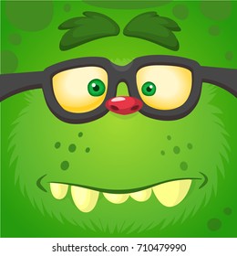 Cartoon smart zombie wearing glasses. Vector illustration of furry green monster.  Prints design for t-shirts, logo, emblem, sticker or print