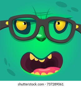 Cartoon smart zombie wearing glasses. Vector illustration of furry green monster