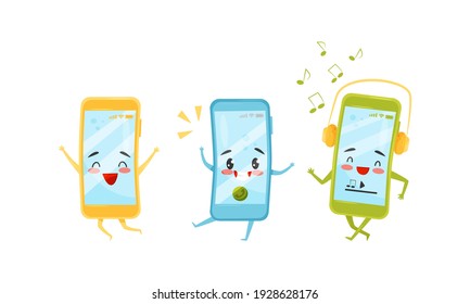 Cartoon Smartphone with Arms and Legs Jumping, Having Incoming Call and Listening to Music with Headphones Vector Set