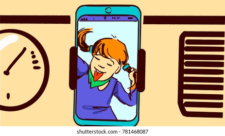 Cartoon smartphone attached to the car panel. On the smartphone there is selfie of a girl with pigtails and sticking out her tongue. Vector sketch in pastel colors.