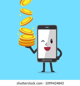 Cartoon smartphone with big coins stack for design.