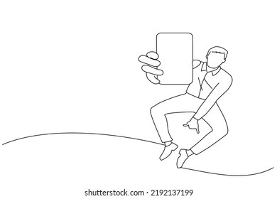 Caricatura de un smartphone con pantalla en blanco al brincar una emotiva mano de hombre de negocios. Estilo de arte de línea
