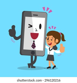 Cartoon smartphone and businesswoman with their thumb up