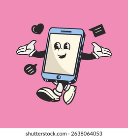 Cartoon smartphone character with arms and legs, smiling and dancing. Pink background, cheerful and playful vibe. Heart and chat icons floating around. Cartoon illustration vector.