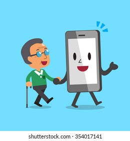 Cartoon smartphone character helping old man to walk