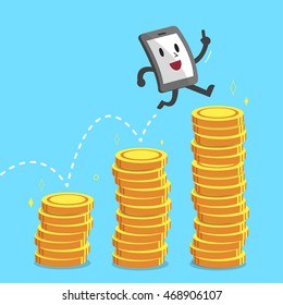 Cartoon smartphone character jumping over money stacks
