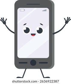 Cartoon smartphone character waving with arms and legs, featuring a cheerful expression, embodying the fun and connectivity of mobile technology