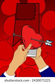 Cartoon Smartphone, comic book Telephone with Arrow Heart. Retro vector comics pop art Mobile Valentine's Day design.