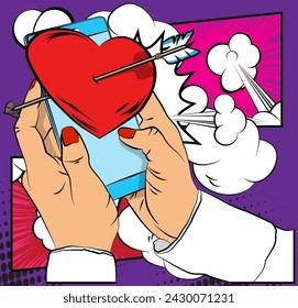 Cartoon Smartphone, comic book Telephone with Arrow Heart. Retro vector comics pop art Mobile Valentine's Day design.
