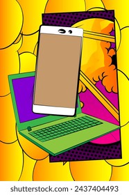 Teléfono inteligente de la historieta, teléfono de la historieta con el ordenador portátil. Diseño de arte pop vectorial retro.