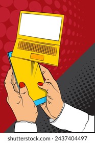 Cartoon Smartphone, comic book Telephone with Laptop. Retro vector comics pop art design.