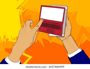 Cartoon Smartphone, Comic-Telefon mit Laptop. Retro Vektor Comics Pop Art Design.