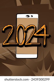 Cartoon Smartphone, comic book Telephone with the number 2024. Retro vector comics pop art design.