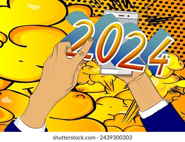 Cartoon Smartphone, comic book Telephone with the number 2024. Retro vector comics pop art design.