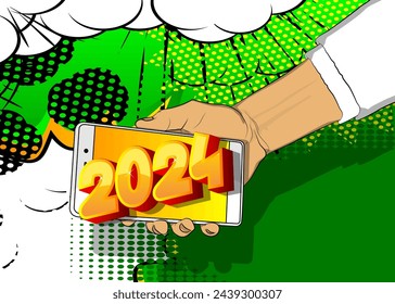 Cartoon Smartphone, comic book Telephone with the number 2024. Retro vector comics pop art design.