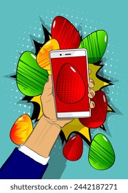Cartoon Smartphone, comic book Telephone with Easter eggs. Retro vector comics pop art design.