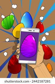 Cartoon Smartphone, comic book Telephone with Easter eggs. Retro vector comics pop art design.